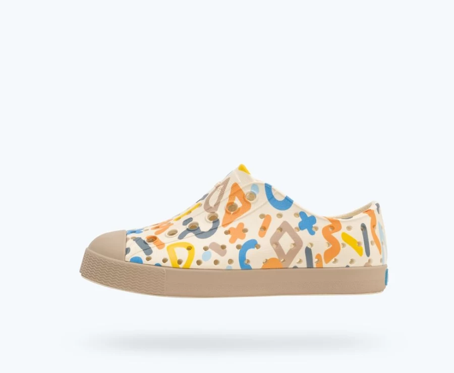 Native Shoes Jefferson Sugarlite Print Sneakers for Girls - Bone White/Flax Tan/Apricot Resting Squiggle