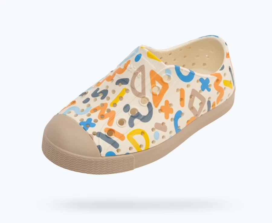 Native Shoes Jefferson Sugarlite Print Sneakers for Girls - Bone White/Flax Tan/Apricot Resting Squiggle