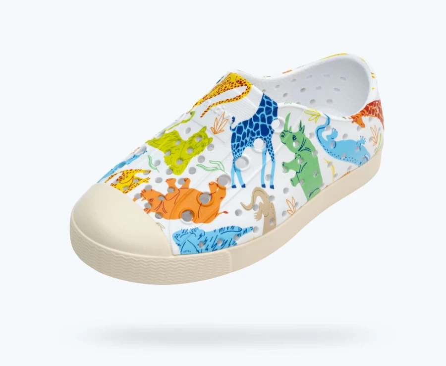 Native Shoes Jefferson Sugarlite Print Shell White/Bone White/Candy Safari Friends Sneakers for Girls