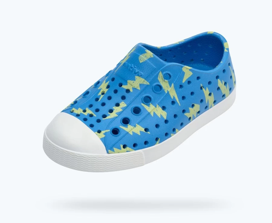 Native Shoes Jefferson Sugarlite Print Sneakers for Girls - Resting Blue/Shell White/Celery Lightning
