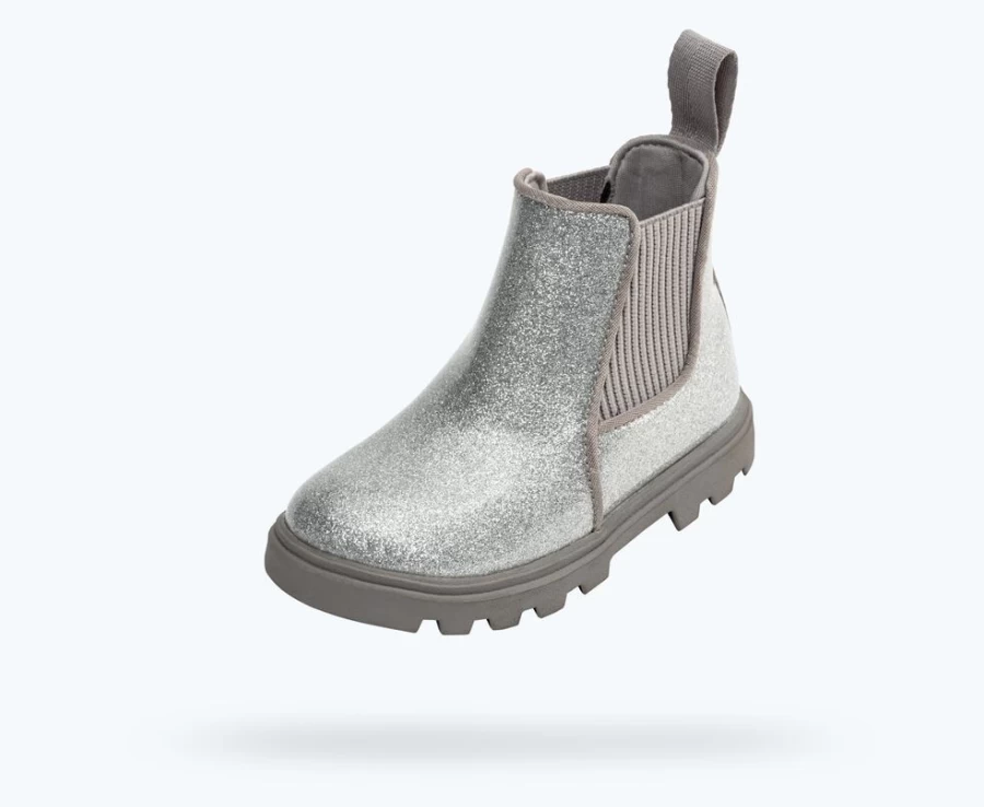 Native Shoes Kensington Treklite Glitter Sneakers for Girls - Silver Glitter/Pigeon Grey | Lightweight & Comfortable Kids Shoes