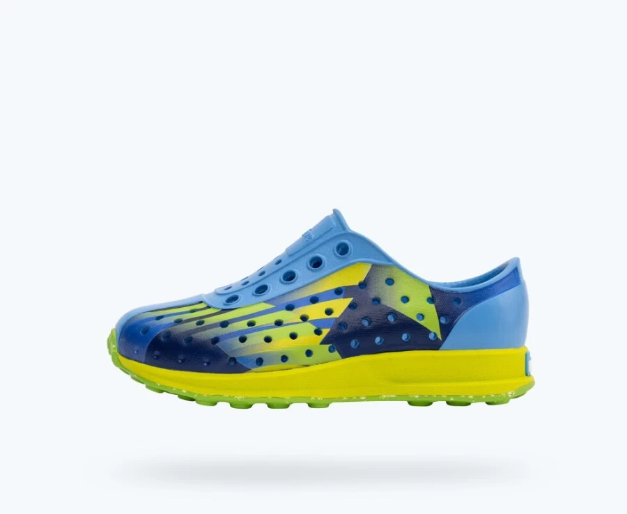Native Shoes Robbie Sugarlite Print Sneakers for Girls - Resting Blue, Pickle Green, UV Pickle Speed, Snap Speckle Rubber Colors
