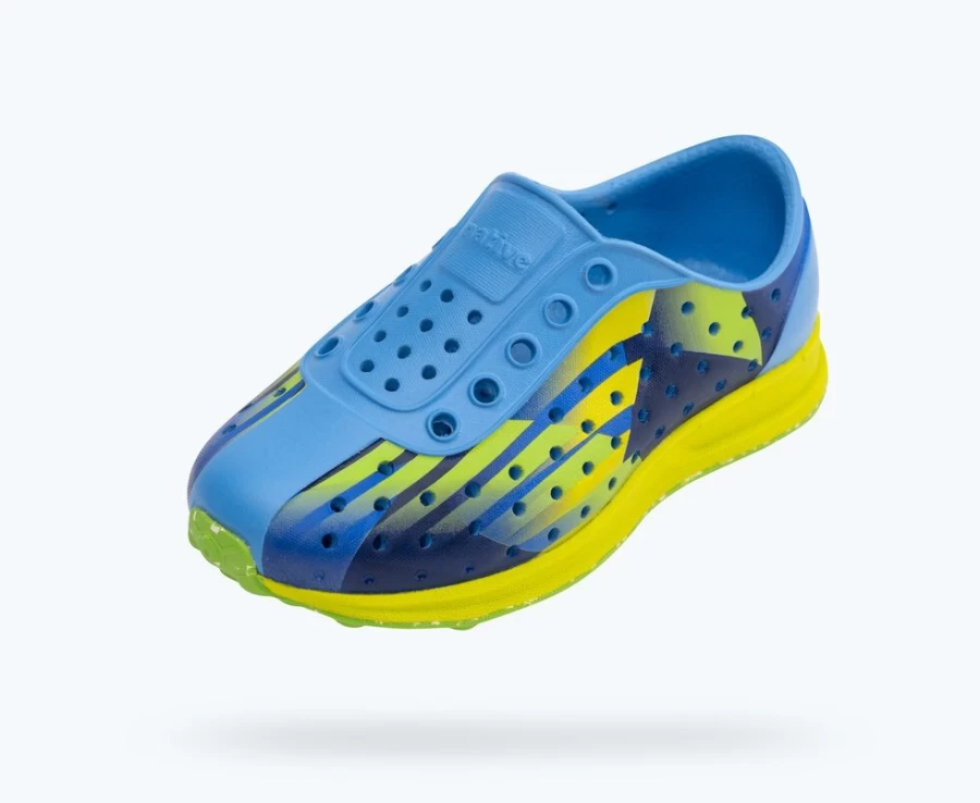 Native Shoes Robbie Sugarlite Print Sneakers for Girls - Resting Blue, Pickle Green, UV Pickle Speed, Snap Speckle Rubber Colors