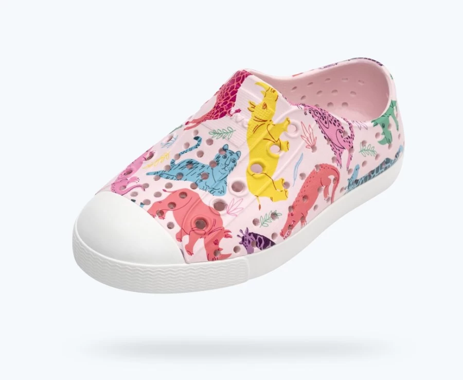 Native Shoes Jefferson Sugarlite Print Girls Sneakers in Milk Pink/Shell White/Sea Fan Safari Friends