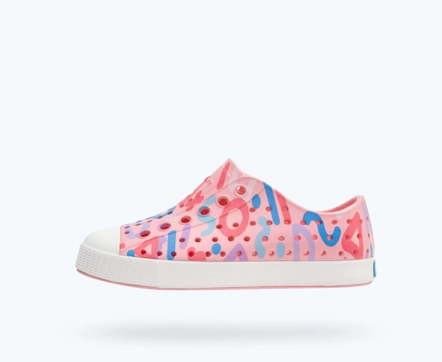 Native Shoes Jefferson Sugarlite Print Sneakers for Girls - Princess Pink/Shell White/Apricot Dazzle Squiggle