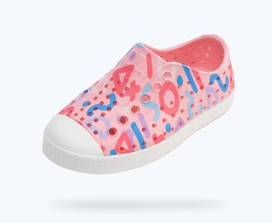 Native Shoes Jefferson Sugarlite Print Sneakers for Girls - Princess Pink/Shell White/Apricot Dazzle Squiggle