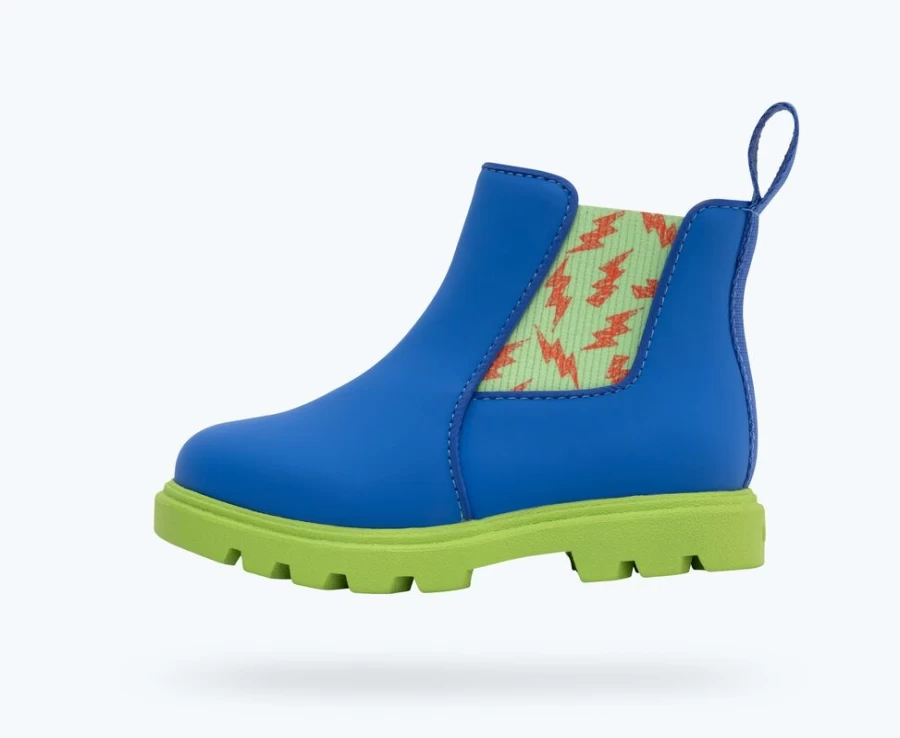 Native Shoes Kensington Treklite Bloom Girls Sneakers in UV Blue, Snap Green & Snap Laflame Lightning Colors