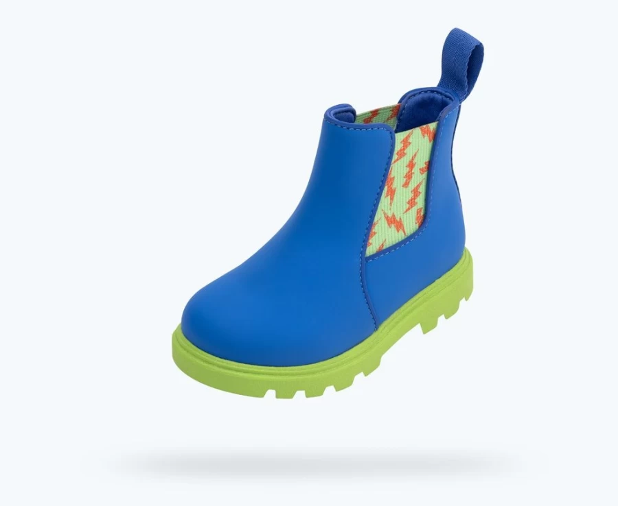 Native Shoes Kensington Treklite Bloom Girls Sneakers in UV Blue, Snap Green & Snap Laflame Lightning Colors