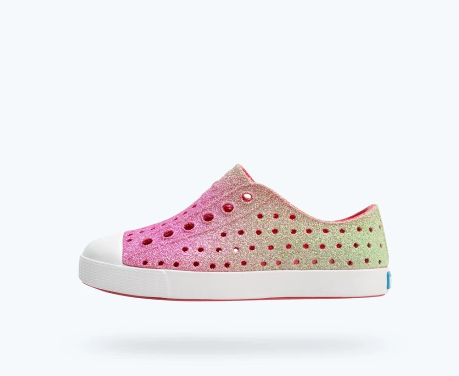 Native Shoes Jefferson Bling Child Girls Sneakers in Celery Dazzle Bling/Shell White