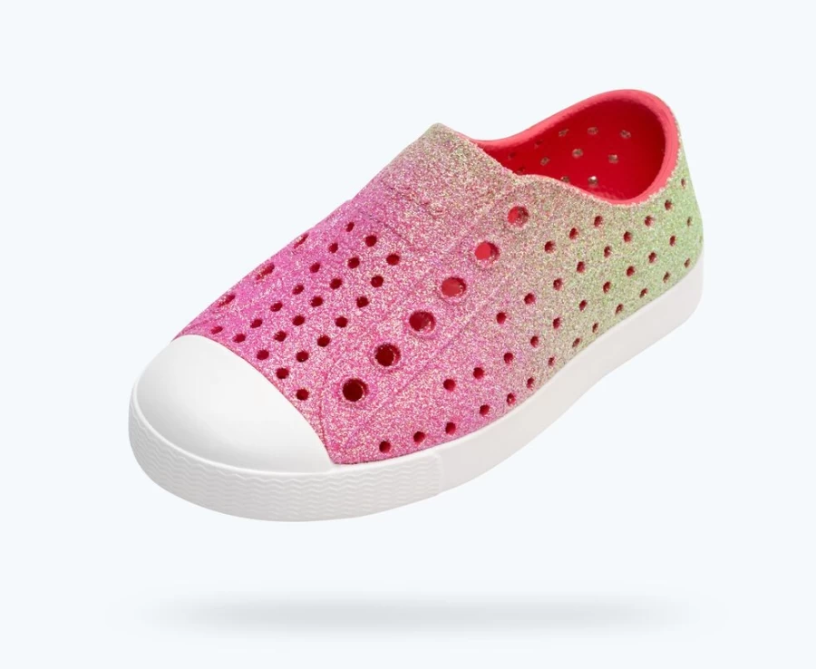 Native Shoes Jefferson Bling Child Girls Sneakers in Celery Dazzle Bling/Shell White