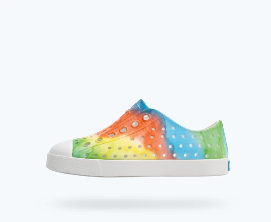 Native Shoes Jefferson Sugarlite Print Shell White & Rainbow Tie Dye Sneakers for Girls