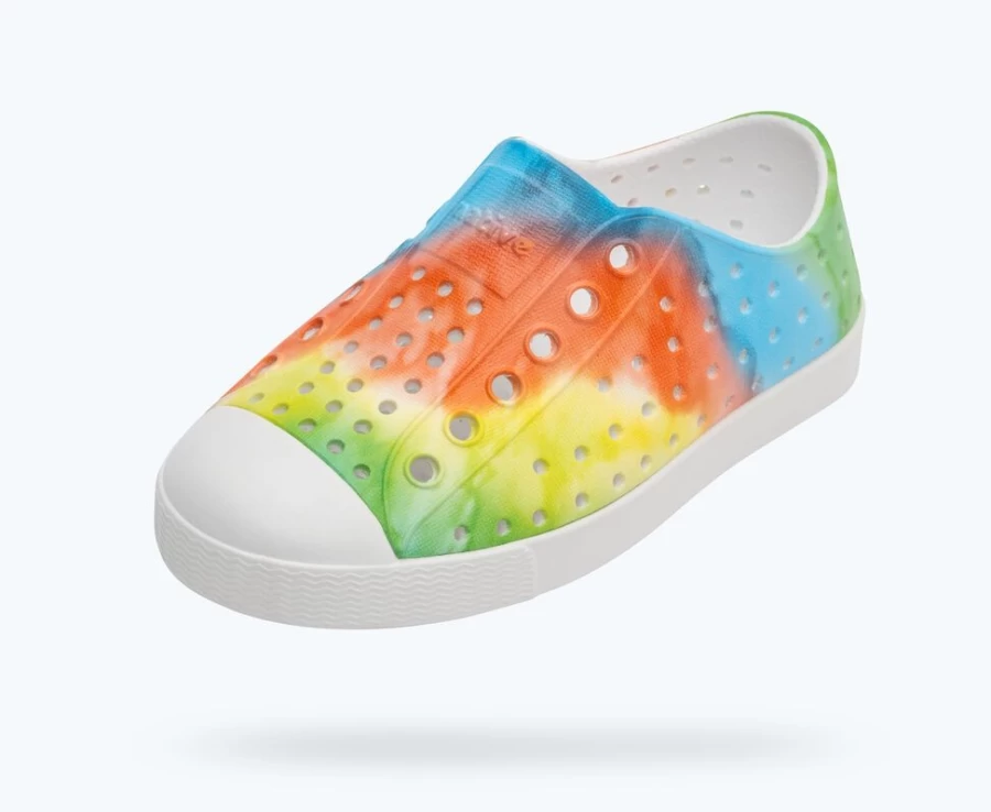 Native Shoes Jefferson Sugarlite Print Shell White & Rainbow Tie Dye Sneakers for Girls